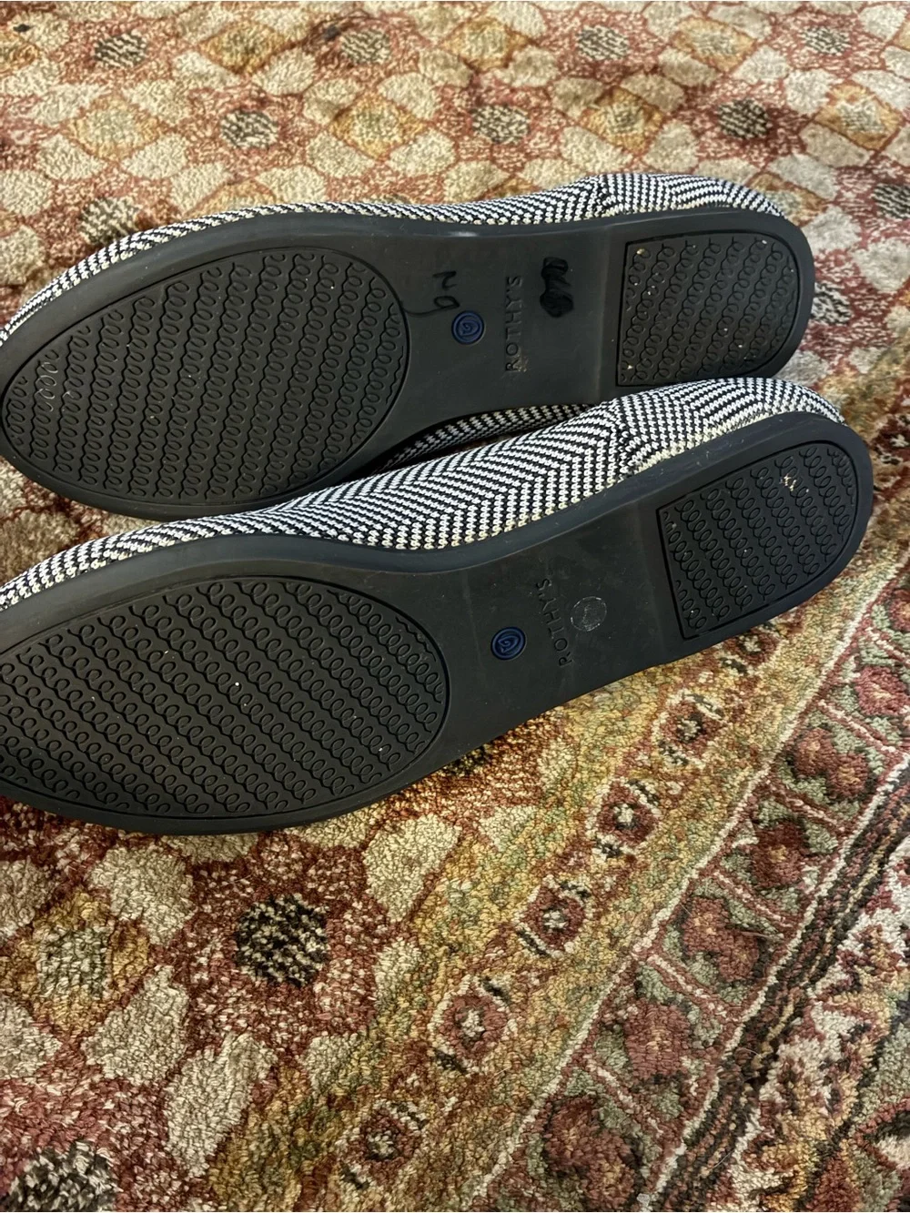 Rothy's Black & White Herringbone Flats with Blue Trim - Picture 3 of 3